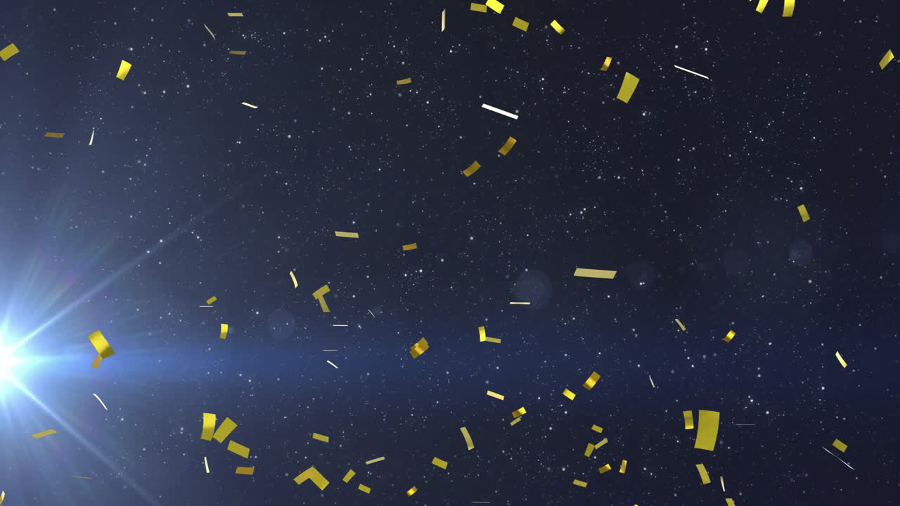 Animation of golden confetti falling in starry night sky with bright horizon light