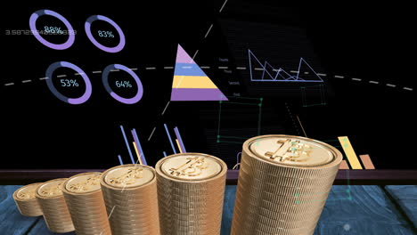 animación del procesamiento de datos financieros sobre pilas de monedas de oro