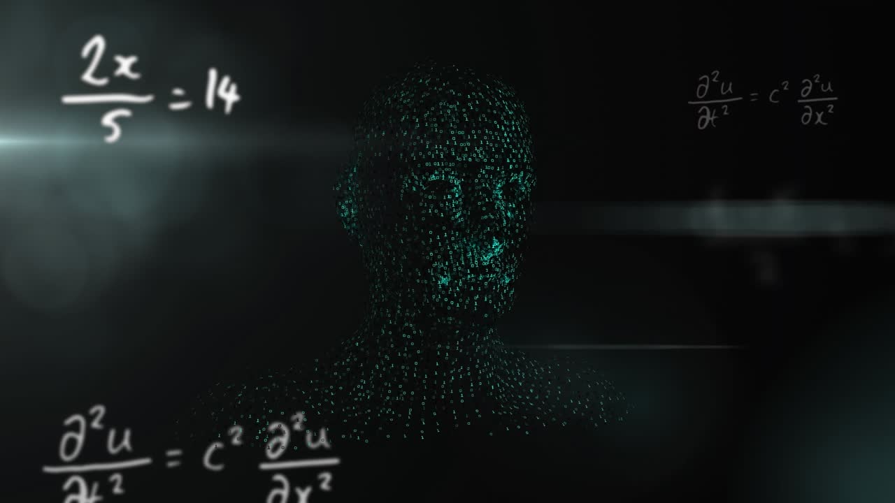 Composition of exploding human bust formed with binary coding and screens on black background