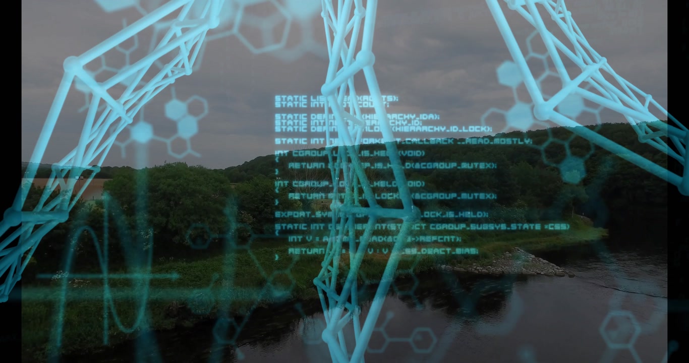 Glowing semi-transparent 3D lattice network hovering above riverside landscape under cloudy sky