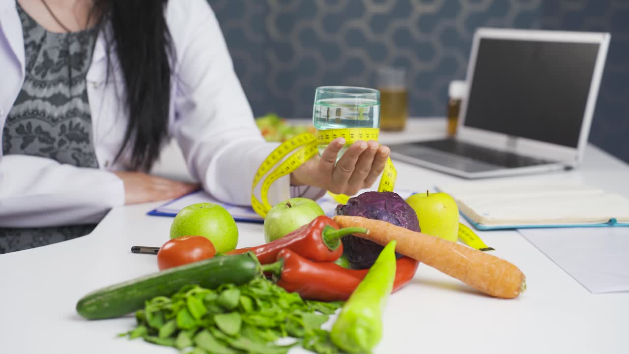 un médico dietista entregando fruta a la cámara.