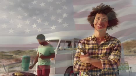 Animation-of-waving-flag-of-usa-over-group-of-friend-having-fun-on-the-beach