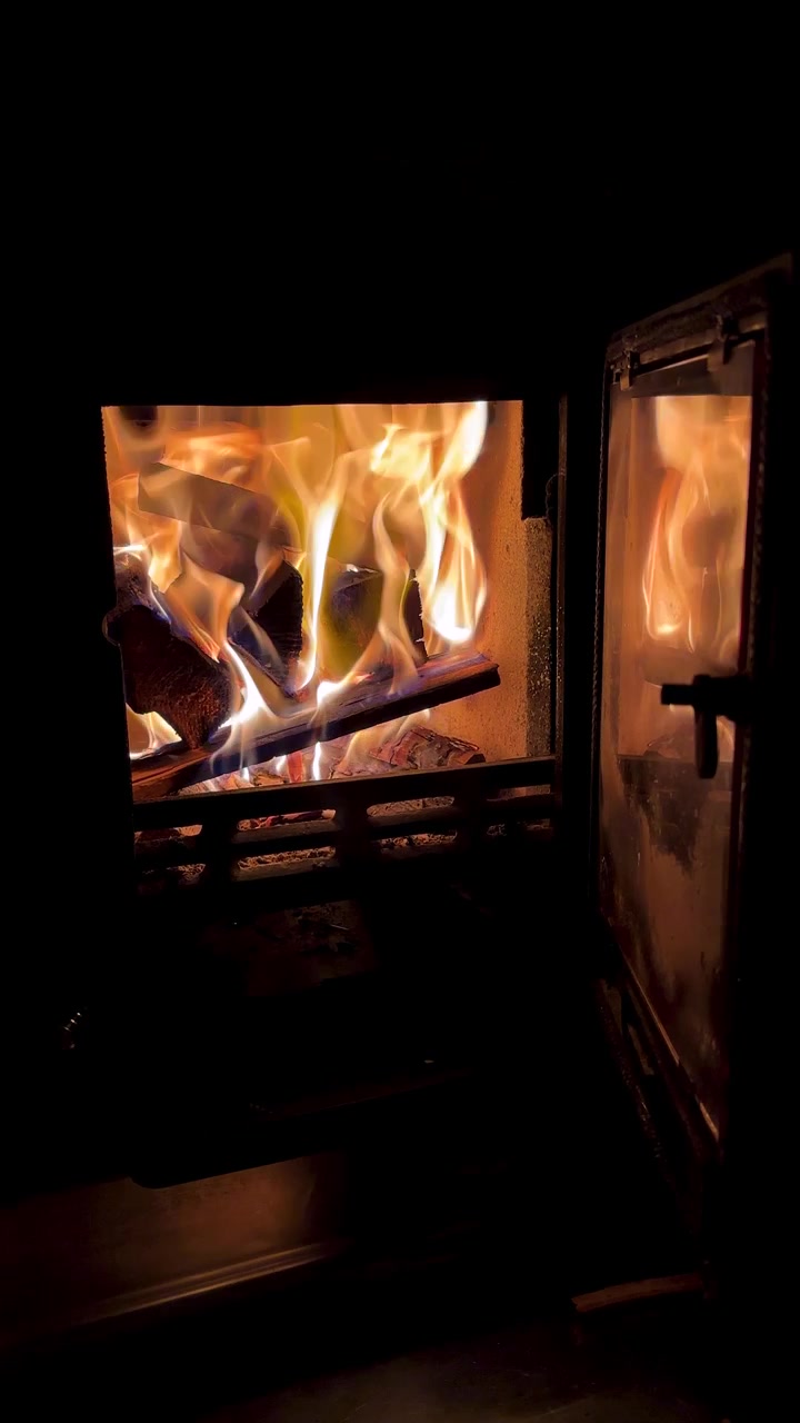 Fiamma di legna che brucia in una stufa a carbone, generando calore in una tenda-cabina buia nella foresta. Camino, falò e braci fumanti in un campeggio immerso nella natura selvaggia, con un'ampia vista della natura, per una notte accogliente e rustica di avventura