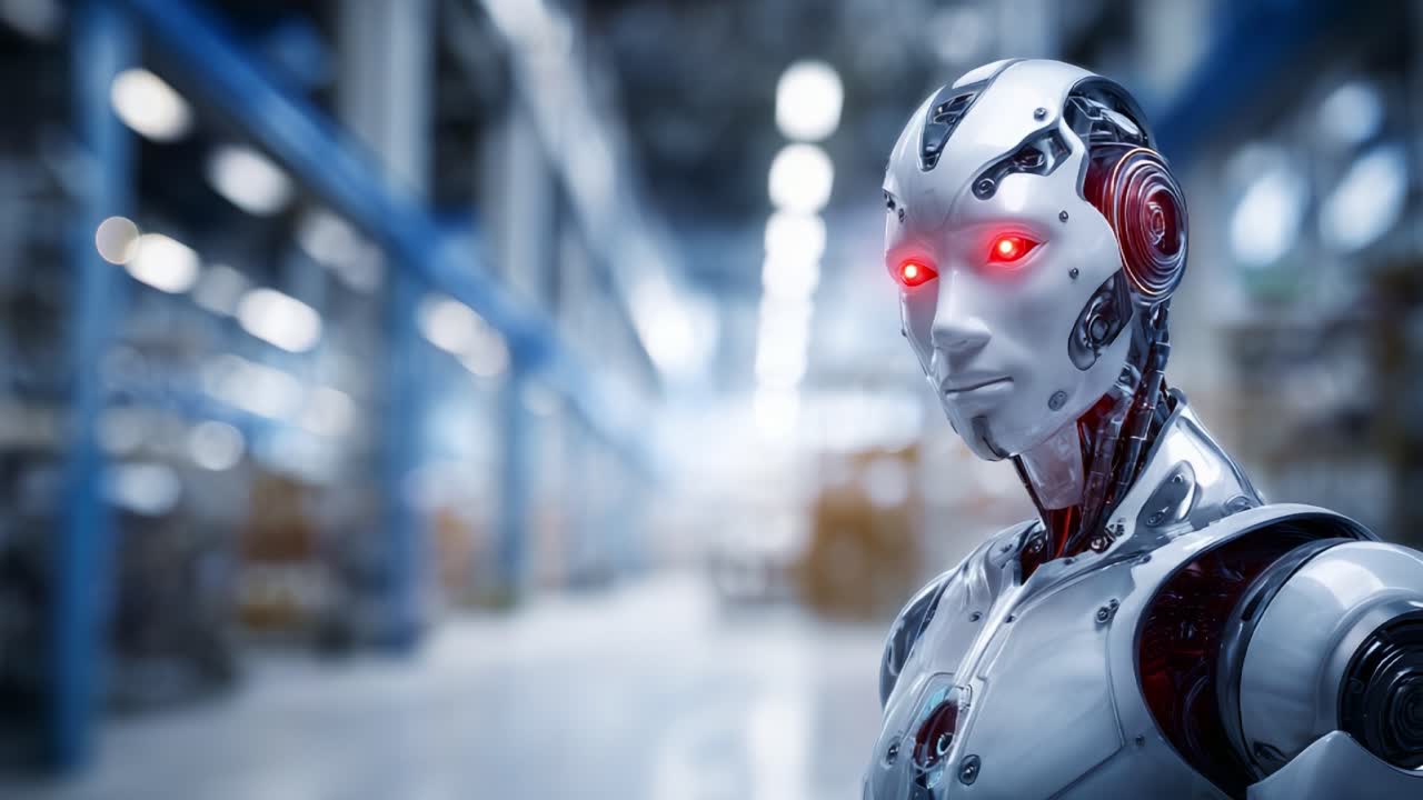 Un robot umanoide futuristico con occhi rossi luminosi, che mostra tecnologie avanzate in un ambiente di produzione, sottolinea l'ascesa della robotica nell'industria moderna.