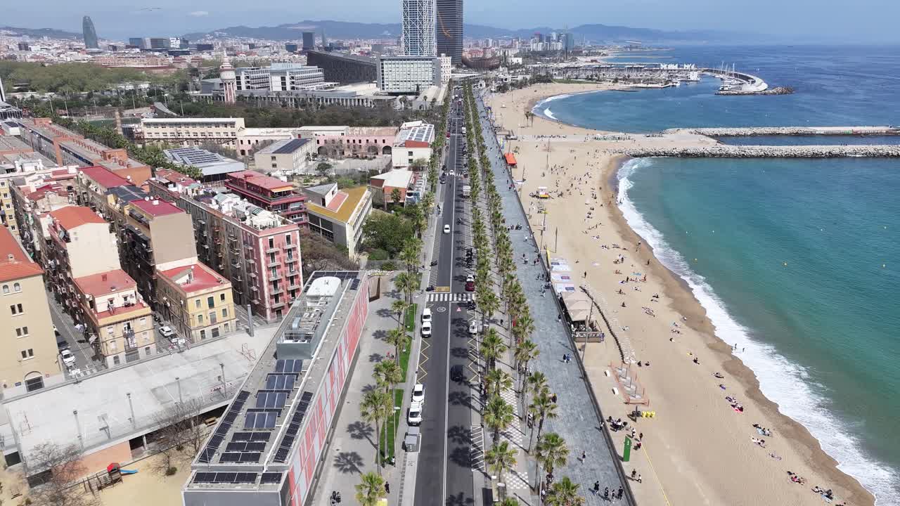 Barceloneta Beach At Barcelona In Barcelona Province Spain. Stunning Cityscape. Beach Landscape. Highrise Buildings. Barceloneta Beach At Barcelona Spain. Nature Background. Spain Skyline.