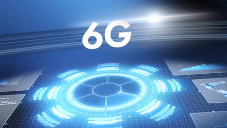 animation of data processing and 6g text over blue background