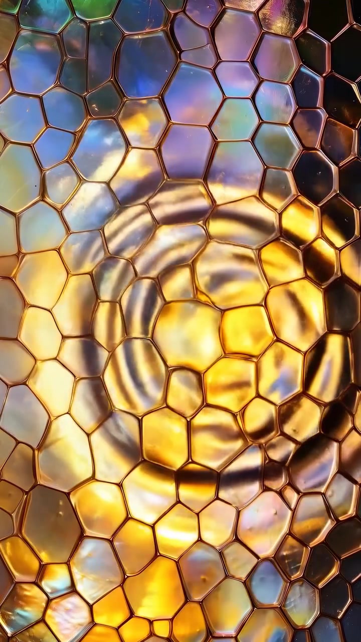 Motivo esagonale iridescente ipnotizzante con luce ondeggiante e cambiamenti di colore