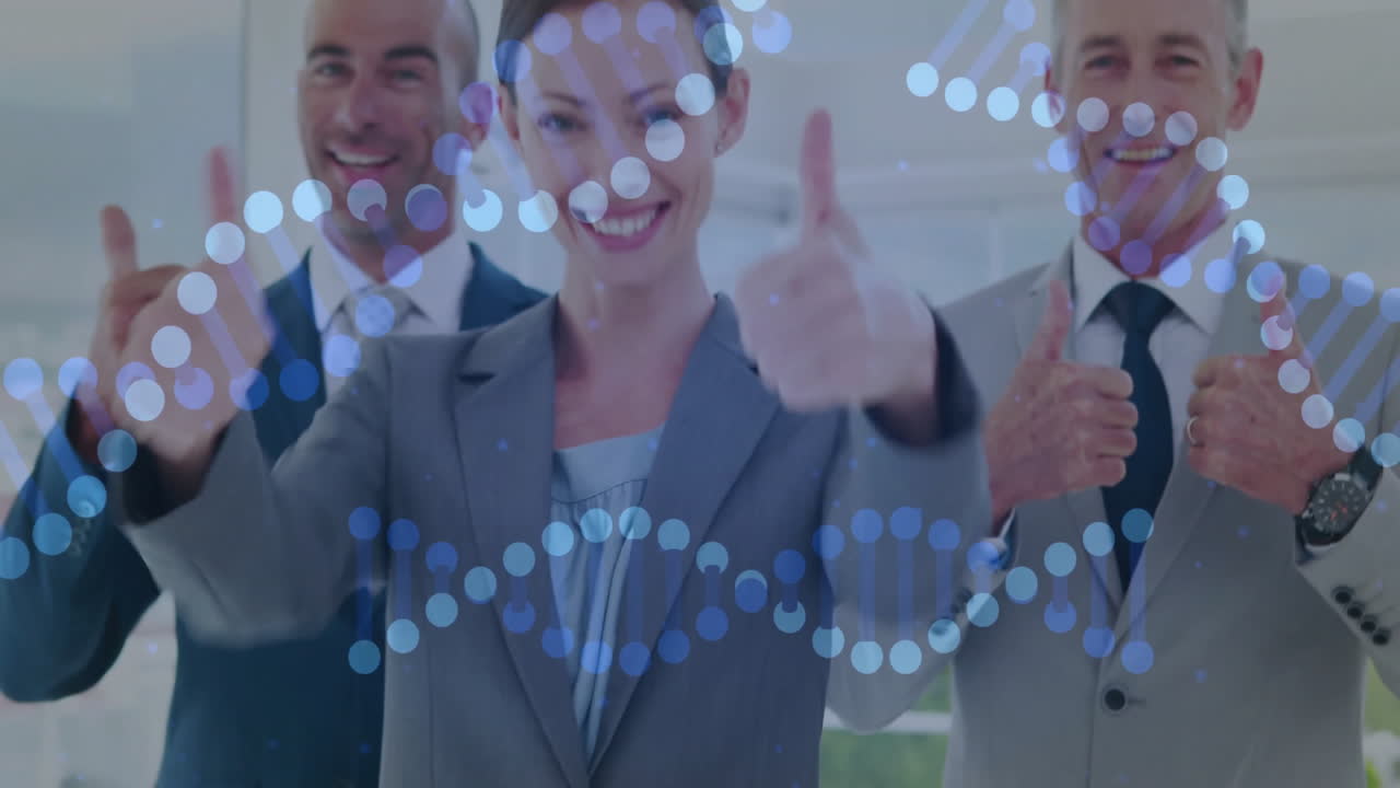 Corporate team giving thumbs-up in biotech office, with floating digital DNA helix graphic