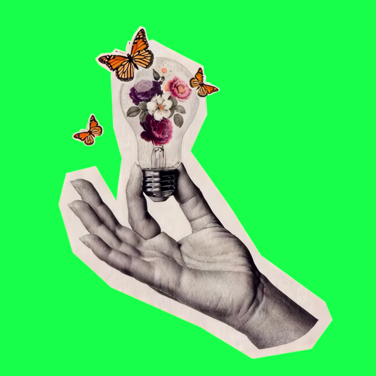 Surreal floral lightbulb collage animation, transparent 4K video, green screen