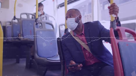 animation of financial data processing and man in face mask on bus