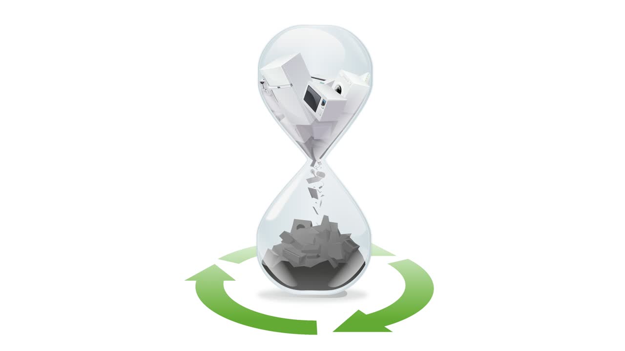 Planned obsolescence Hourglass on white background with recycling symbol