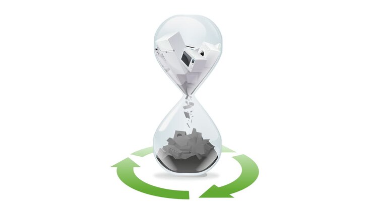 Clessidra dell'obsolescenza programmata su sfondo bianco con simbolo del riciclo.