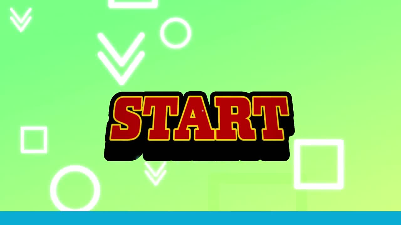 animación del texto de inicio en letras rojas sobre formas blancas sobre fondo verde