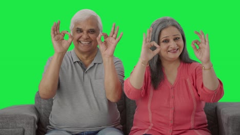 una pareja vieja y feliz de indios mostrando una pantalla verde con un letrero