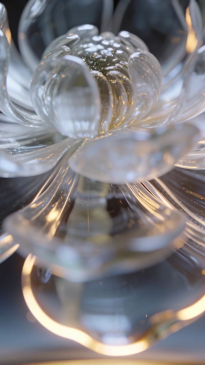 Vertical video: Racking camera pulling focus showing glass orb and petal details on dark table