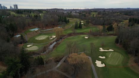 drone aerial flying above an empty golf course in richmondhill, toronto, ontario, canada