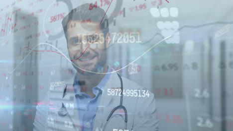 animation of stock market data processing over portrait of caucasian male doctor smiling at hospital