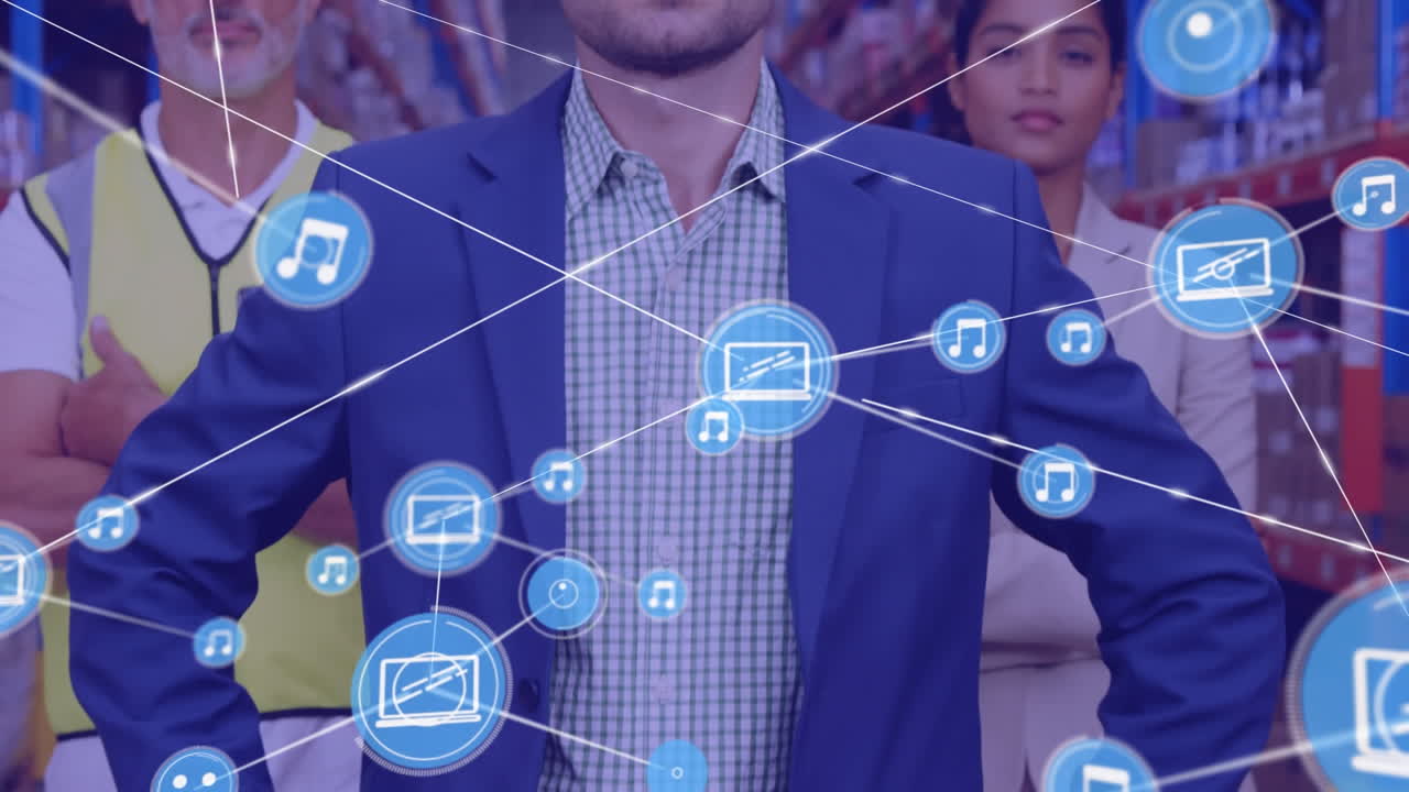 red de iconos digitales sobre retratos de supervisores masculinos y femeninos y trabajadores masculinos en el almacén