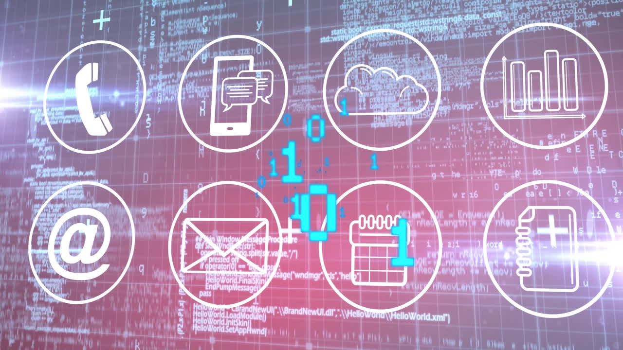 Animation of digital communication icons over binary code in programming language background