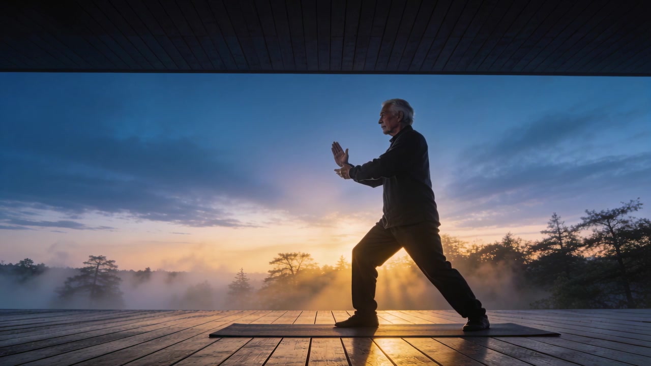 Hombre mayor practicando tai chi fluido sobre una esterilla en la terraza de un pabellón, con un amanecer inspirador, vestido con ropa oscura