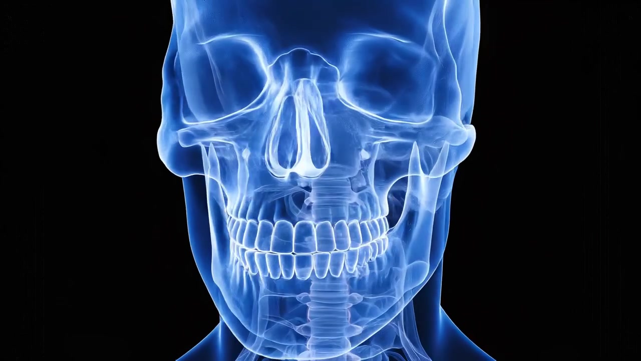 Animazione medica 3D del cranio umano e della colonna cervicale