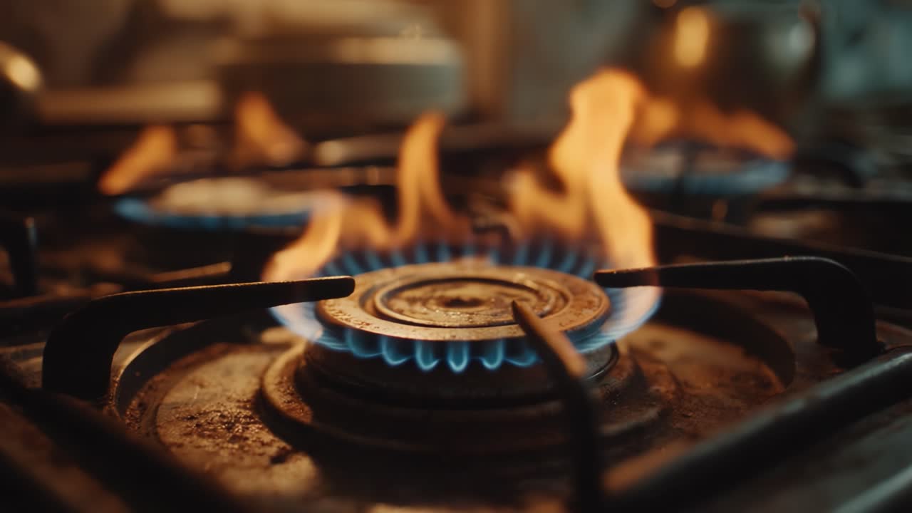 Et nærbillede af et gaskomfur med flammer, der strømmer ud fra brænderne, og fanger de levende blå og orange flammer i et køkkenmiljø.