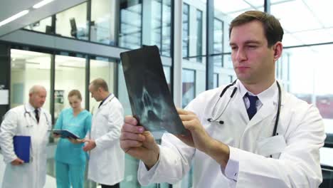 doctor examining x-ray report in corridor