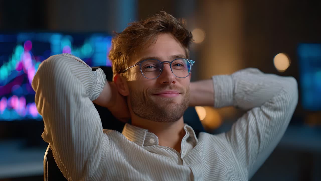 Smiling Young Man with Glasses Relaxing in Office Setting with Financial Charts Displayed Behind, Radiating Success and Contentment