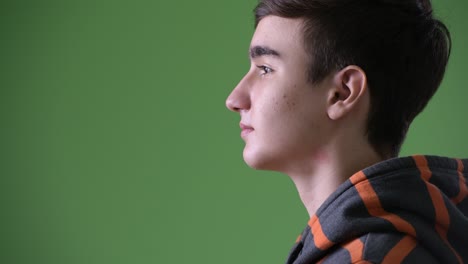 young handsome iranian teenage boy against green background