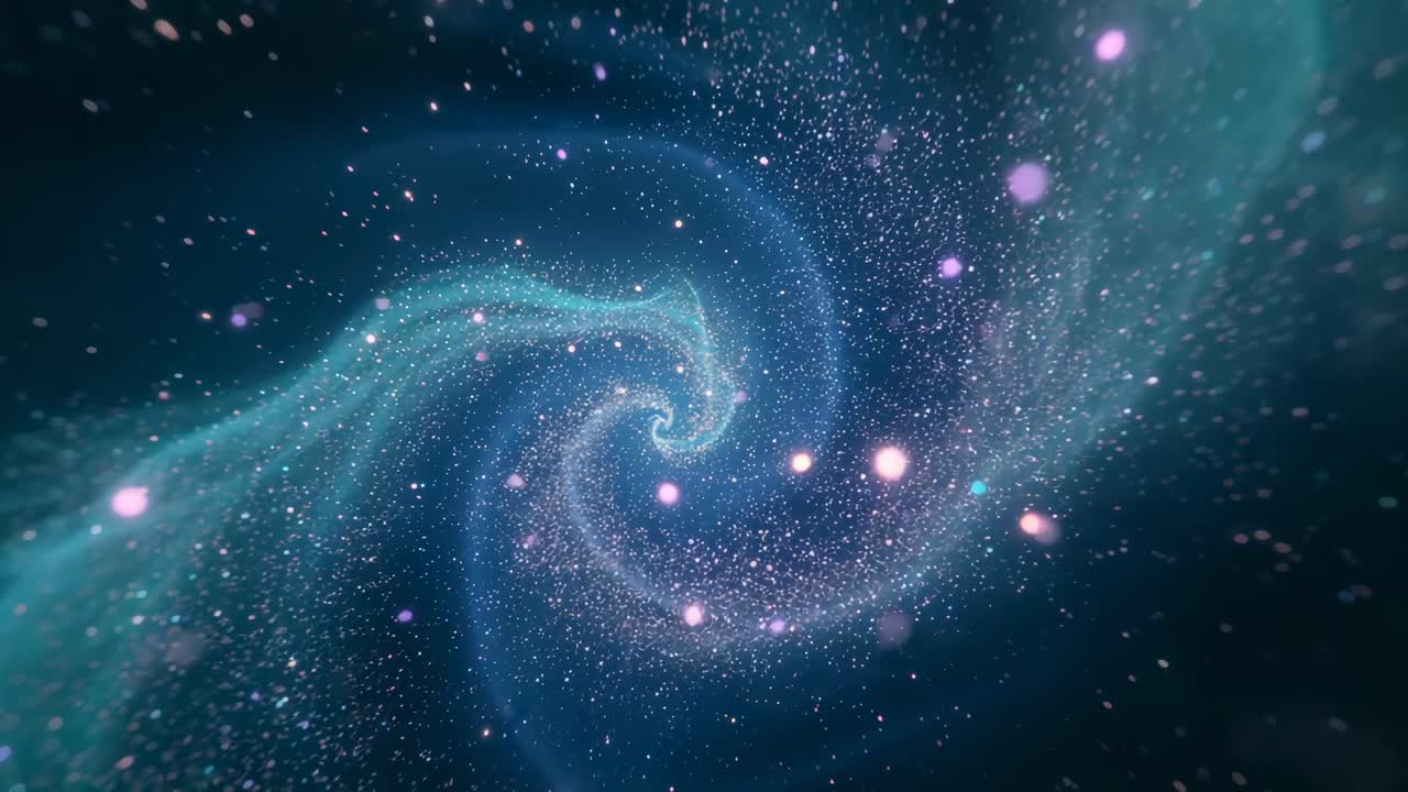 Starting rotating vortex with stardust spiraling in void, plus glowing pink teal violet orbs