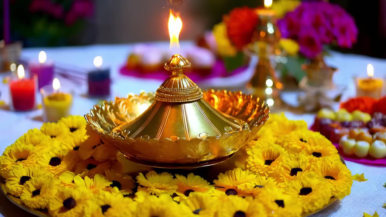 Golden Diya with Flowers and Candles