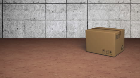 animación de una caja de cartón cayendo en el suelo marrón con azulejos grises en el fondo