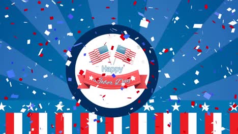 animation of labor day text over red, white and blue of flag of united states of america