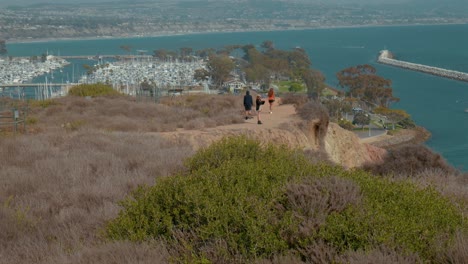 Tres-Personas-Caminando-A-Lo-Largo-De-Un-Acantilado,-Sendero-De-Tierra,-Sobre-El-Puerto-De-Dana-Point-En-California