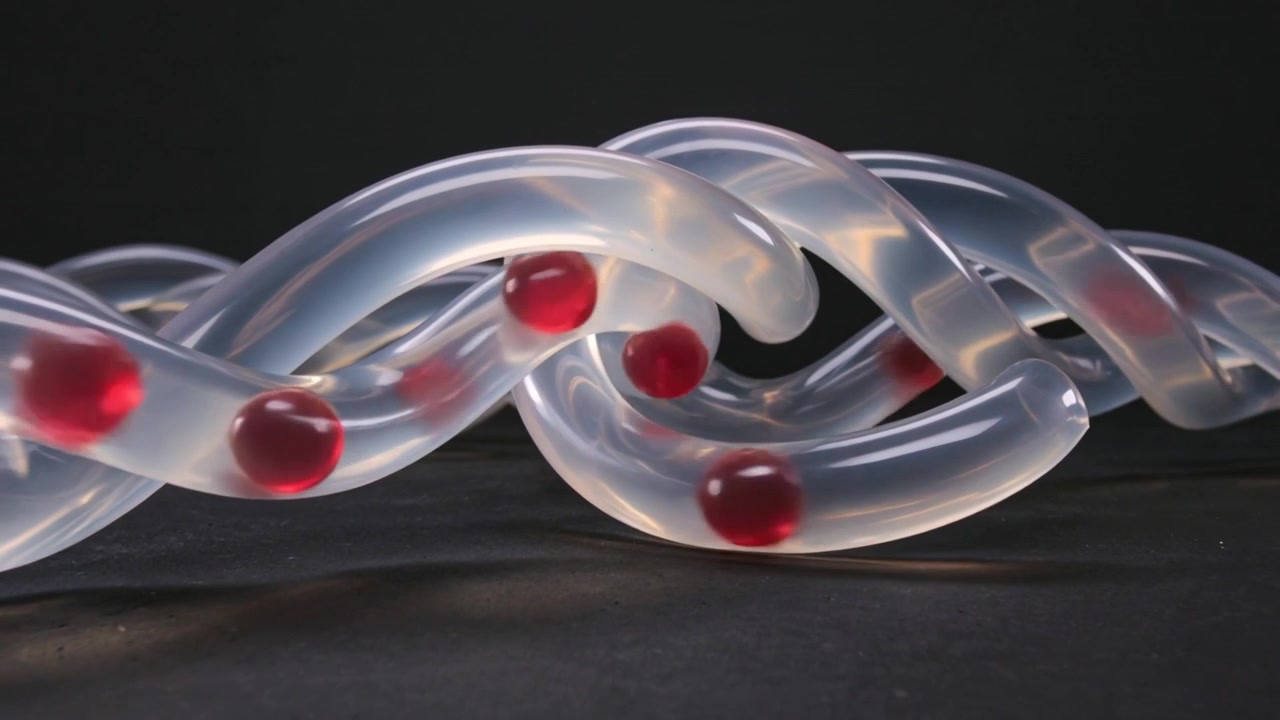 Traveling red beads sliding through braided clear tubing on dark tabletop, playback showing flow