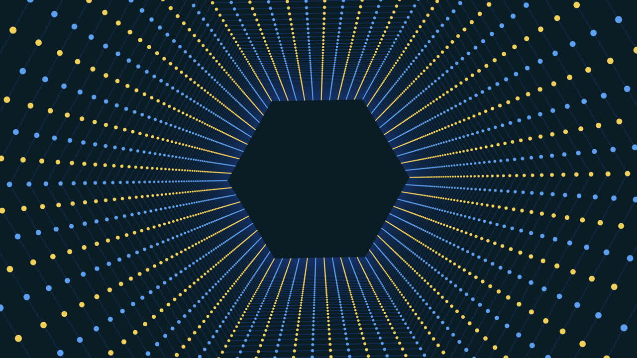 Spinning abstract rainbow hexagons in dark hole with neon dots on black gradient