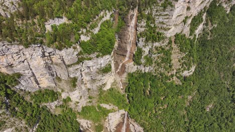 top-down aerial of seerenbach falls in switzerland, revealing dramatic rock cliffs and cascading water surrounded by dense green forest, capturing the raw vertical beauty of the alpine landscape