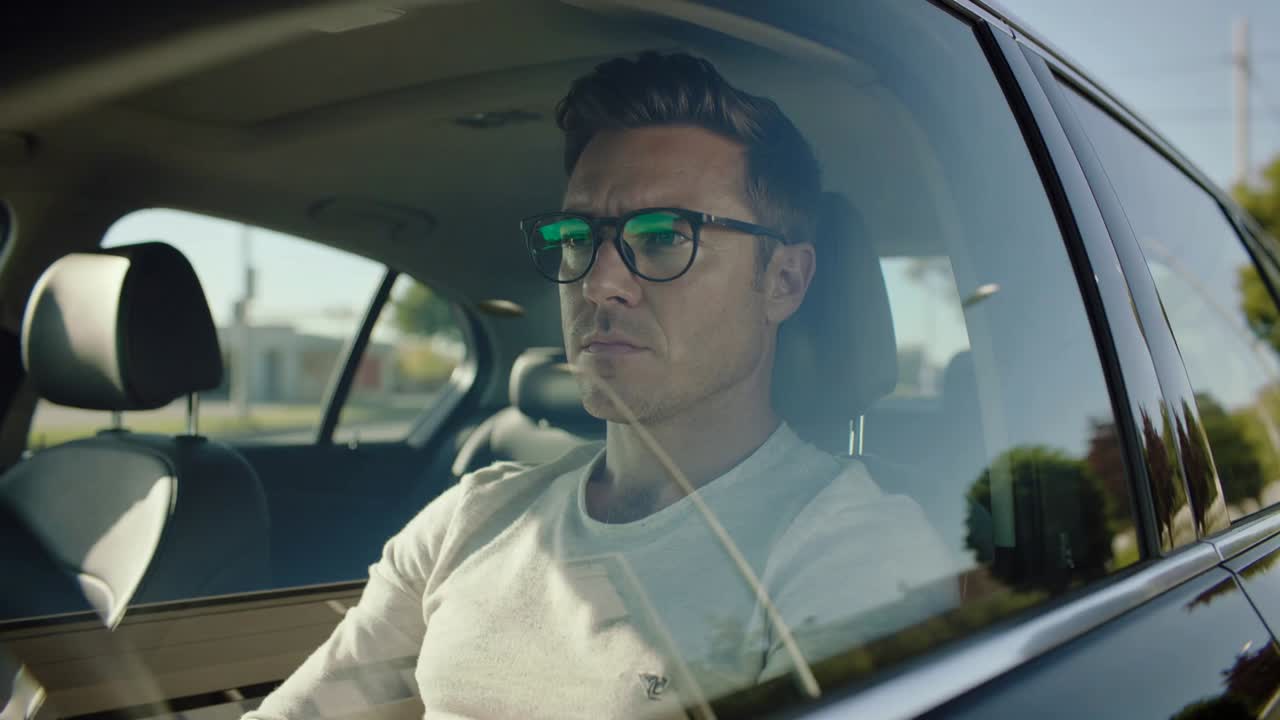 Turning driver in parked car wearing light shirt, adjusting gaze as sun glare reflecting on glasses