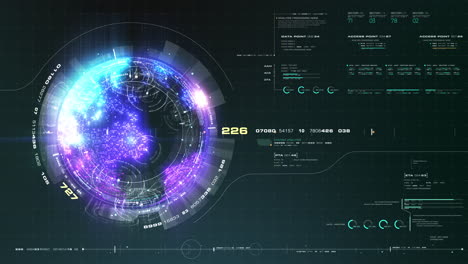 futuristic motion graphic user interface head up display screen with holographic earth and digital data telemetry information display for digital background computer desktop display screen