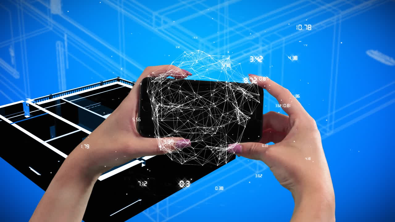 animación de un teléfono inteligente con conexiones a través de una casa giratoria