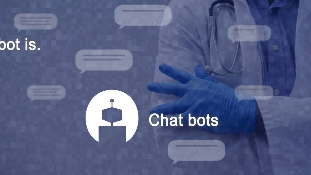 Et spørgsmål vises, læge står med stetoskop, robot svarer, mens chat-ikoner driver nær handsker.