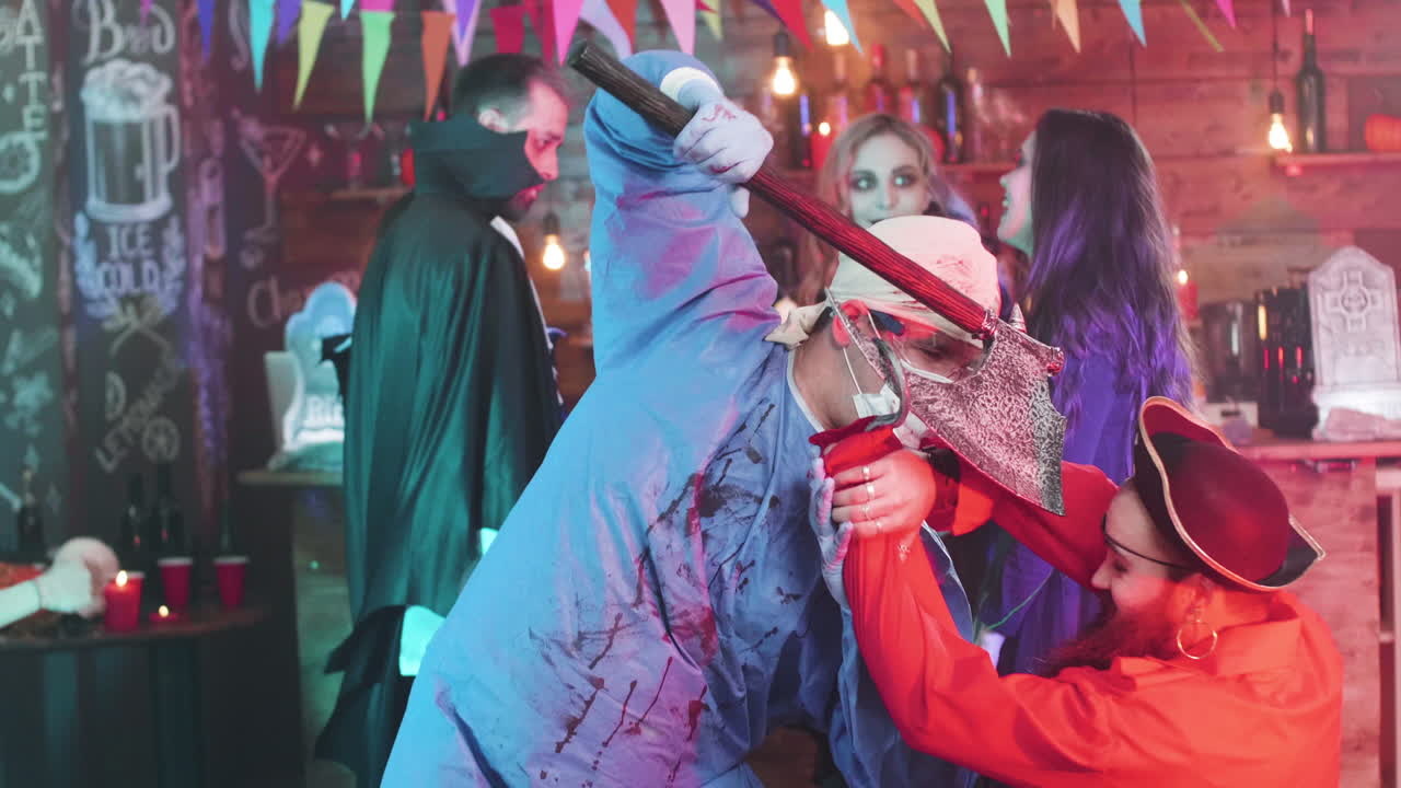 Halloween party with people in costumes