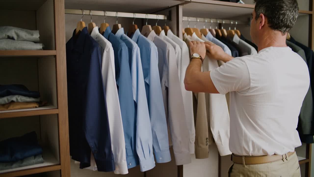Uomo in maglietta bianca che si allunga esaminando le camicie e selezionando un blazer scuro da indossare nell'armadio, con spazio per il testo.