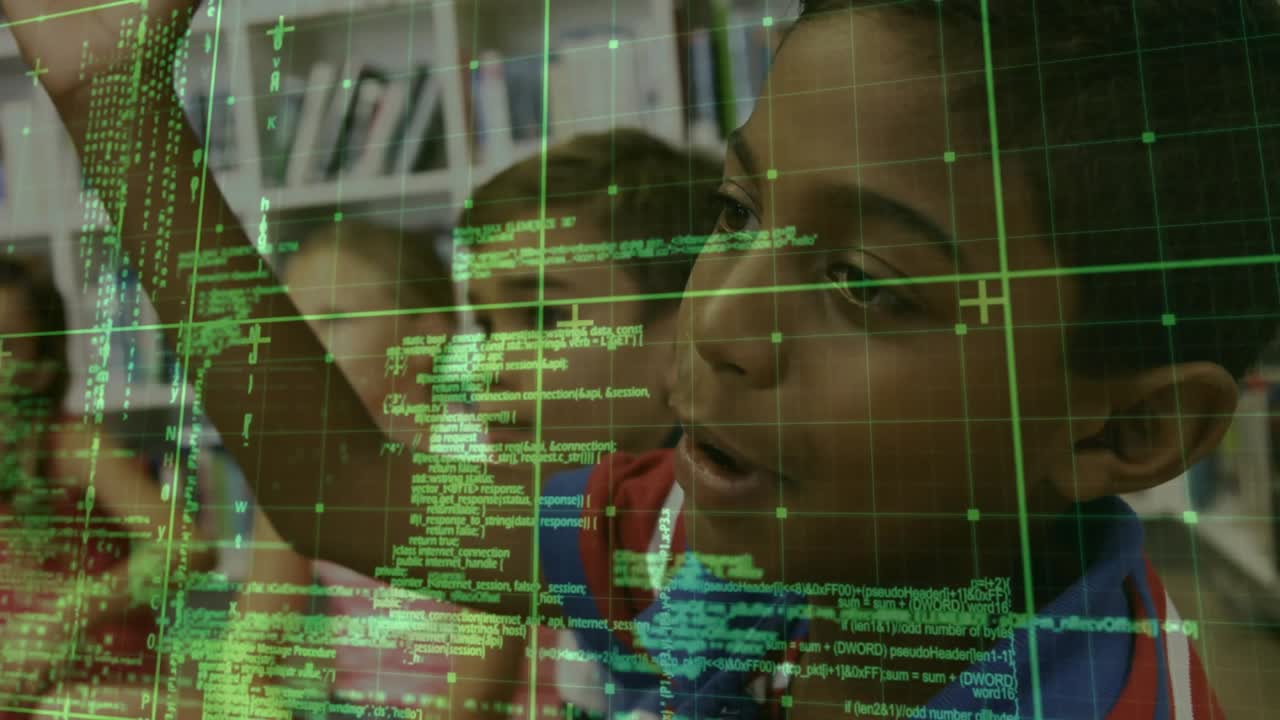 Boy in red shirt raising hand answering question in educational space green grid overlaying desks