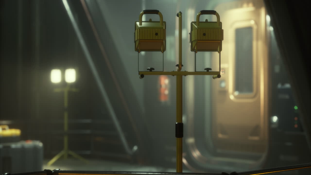 Bright yellow lights illuminate a mysterious corridor in an industrial setting