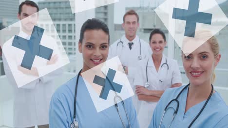 animación de diversos médicos sobre los iconos de la cruz