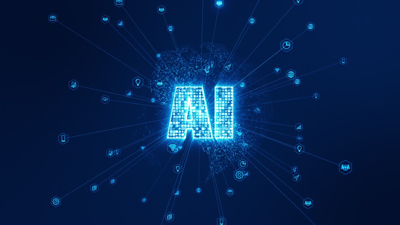 gráfico de movimiento de icono de ia digital azul y esfera de la tierra con conexión de línea y transmisor de datos al icono tecnología futurista fondo abstracto video de bucle sin costuras