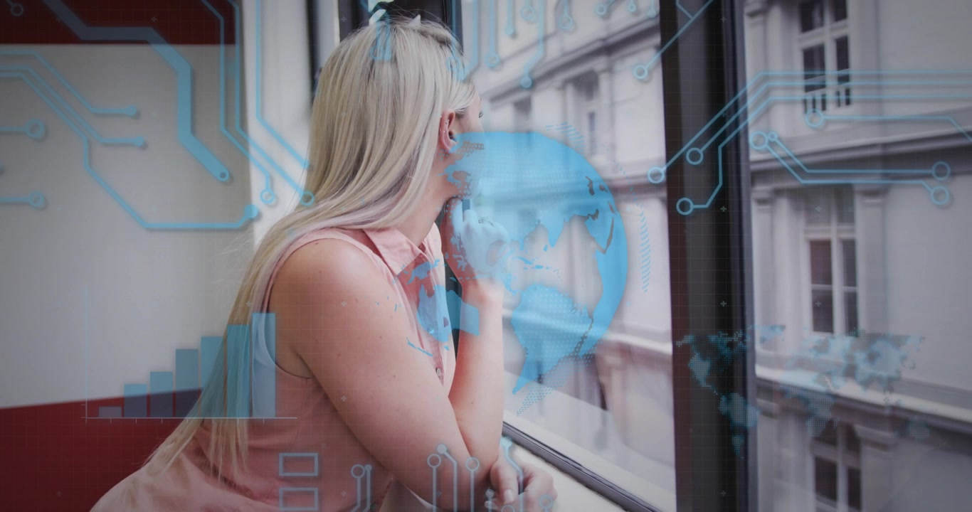 Woman leaning on window sill gazing street, digital circuits and world map visualizing data flow