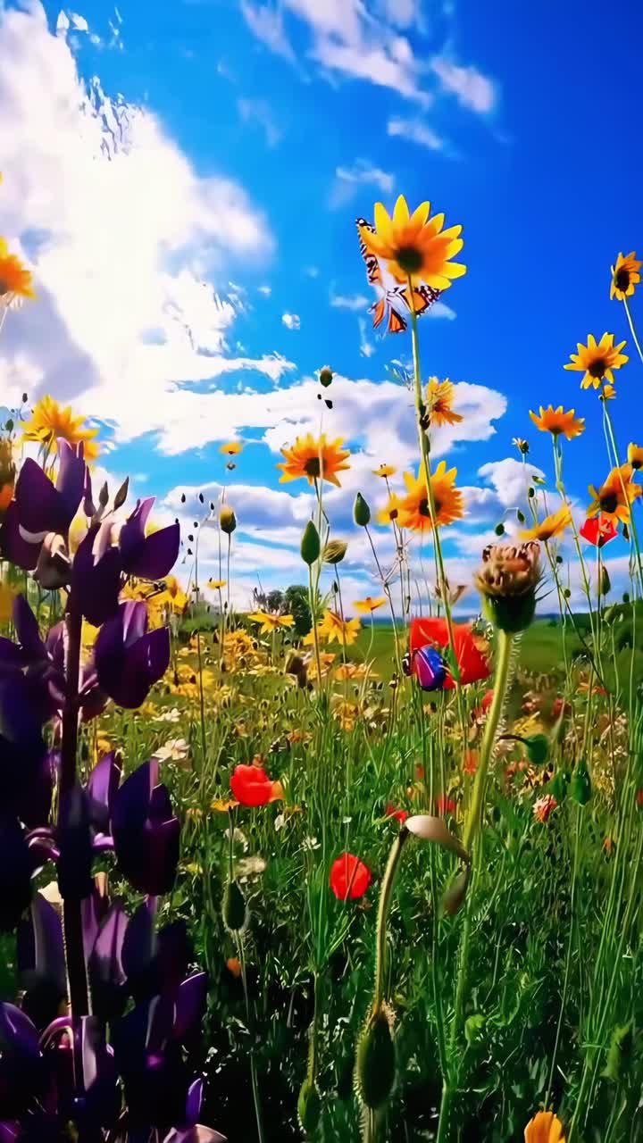 Fiori di campo vivaci in un campo soleggiato, ripresi da un angolo basso, perfetti per un video sulla natura