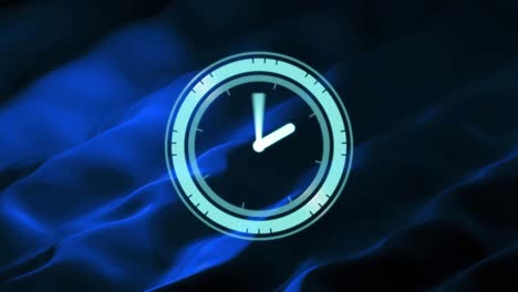 Animation-of-clock-moving-fast-over-blue-liquid-background